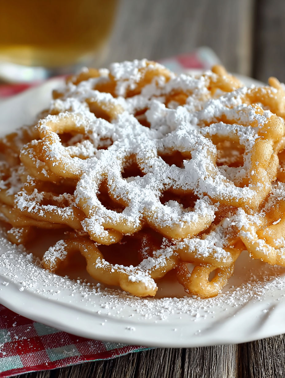 A plate of funnel cakes covered in powdered sugar.