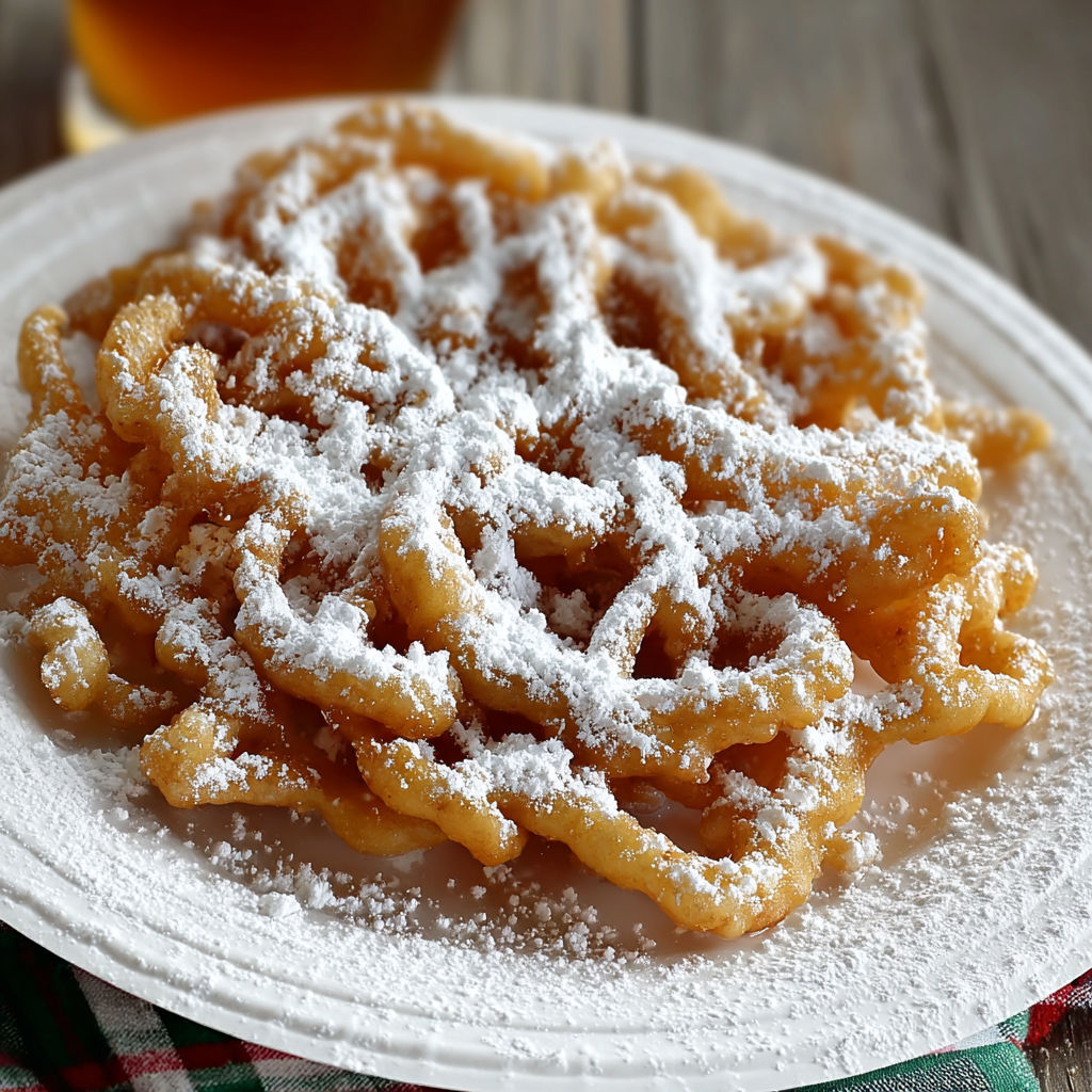 A plate of funnel cake covered in powdered sugar.