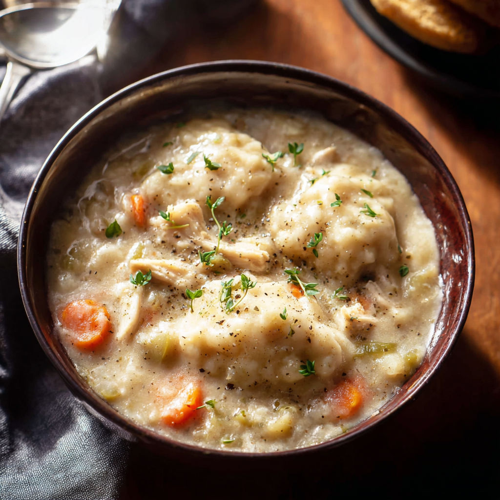 A bowl of chicken and dumplings.