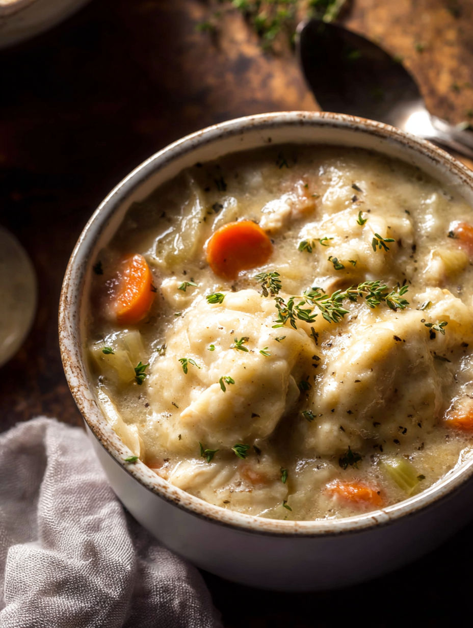 A bowl of chicken and dumplings.