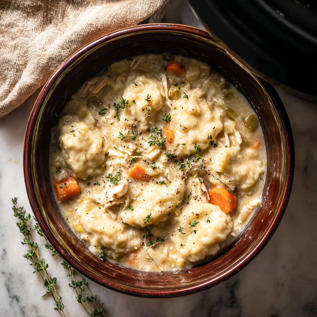 A bowl of chicken and dumplings.