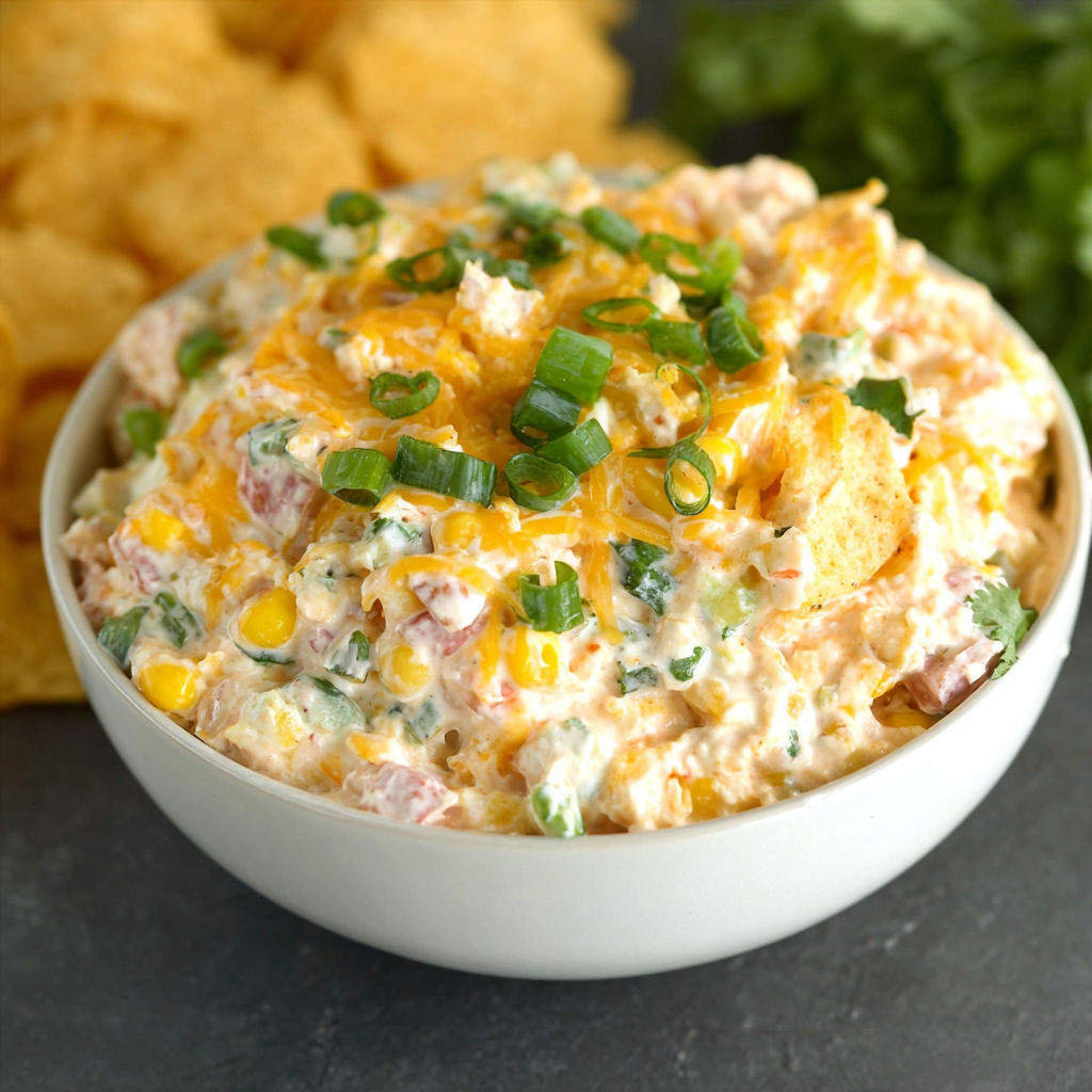 A bowl of Mexican corn dip with chips.