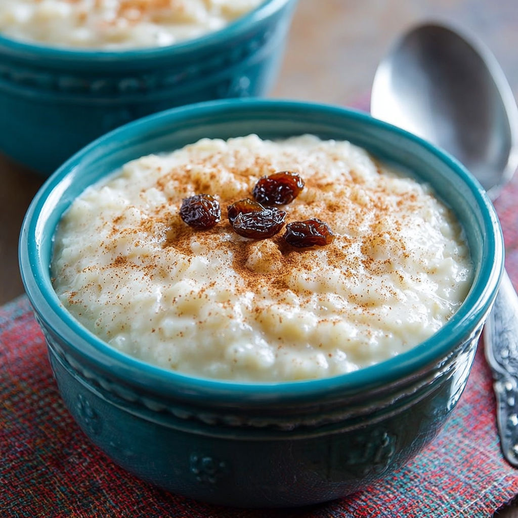 A bowl of rice pudding with cinnamon and raisins.