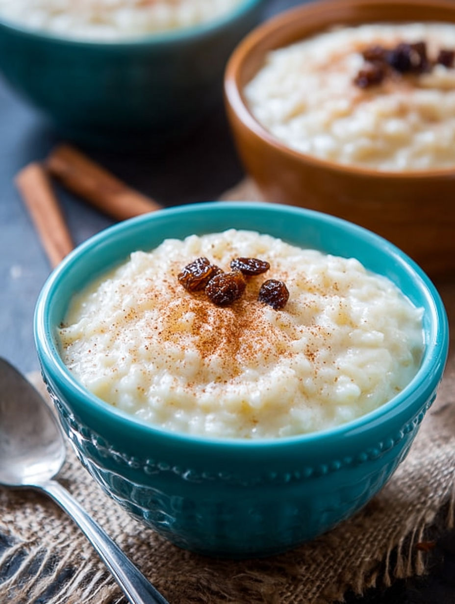 A bowl of rice pudding with cinnamon and raisins on top.