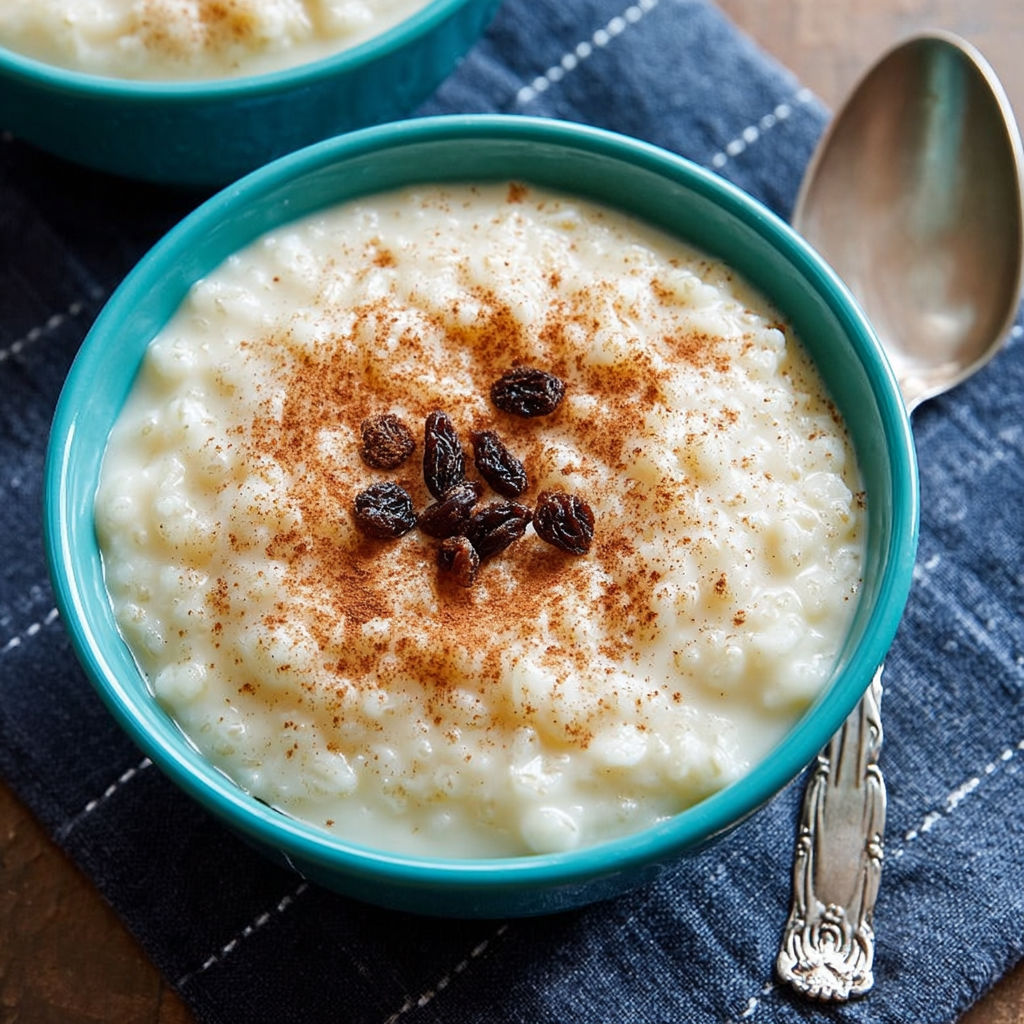 A bowl of rice pudding with cinnamon and raisins.
