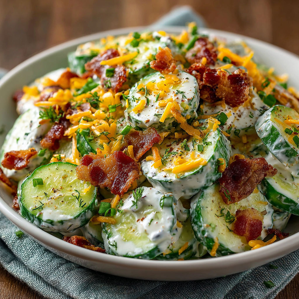 A bowl of food with cucumber and bacon.
