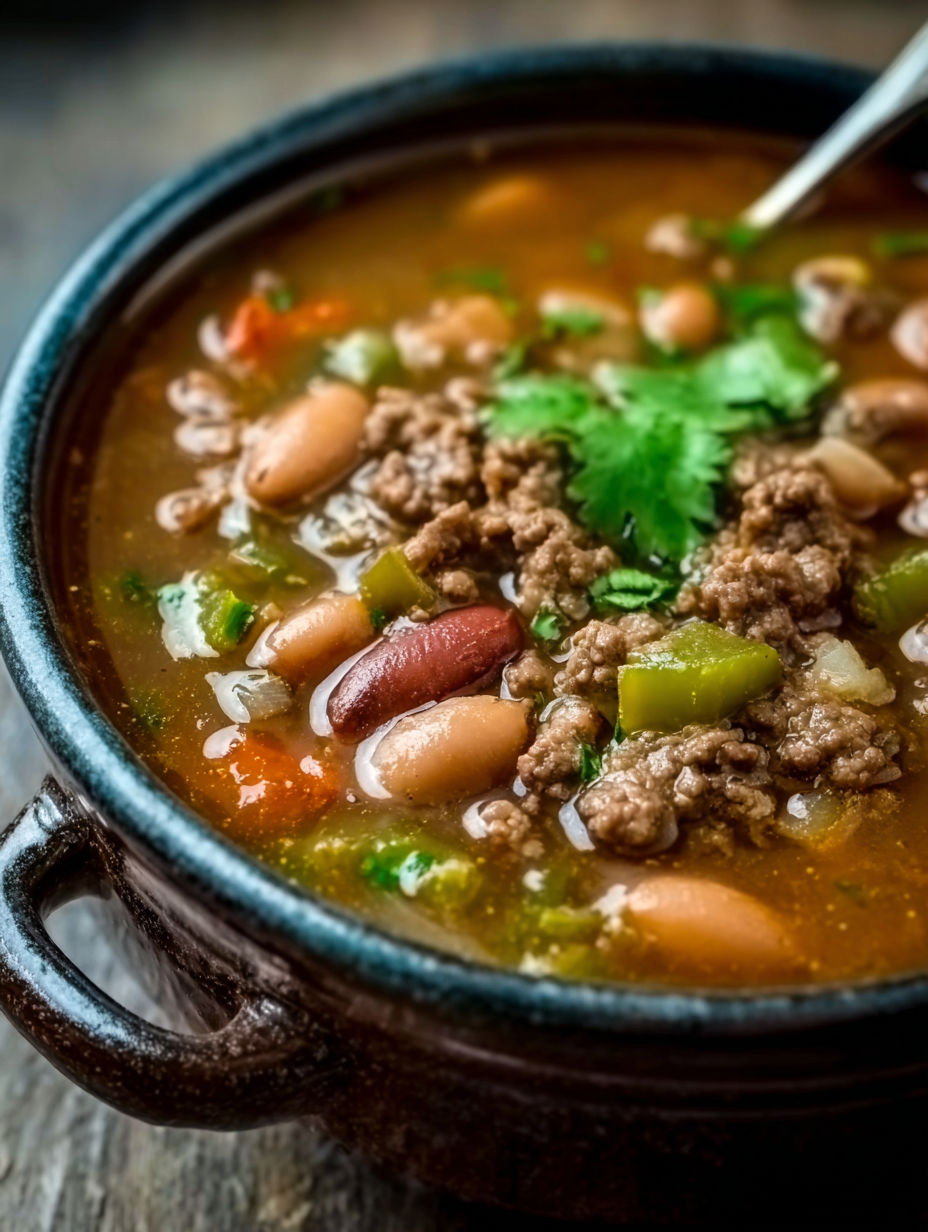 A bowl of soup with beans, chili, and beef.