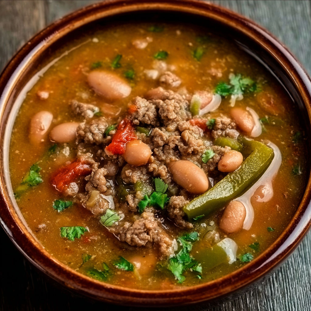 A bowl of soup with beans, chili, and beef.