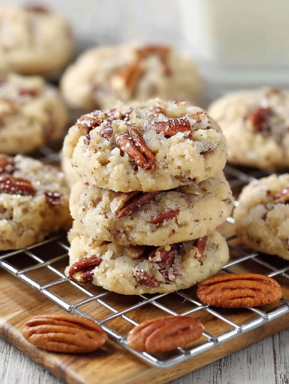 A stack of pecan cookies on a cooling rack.