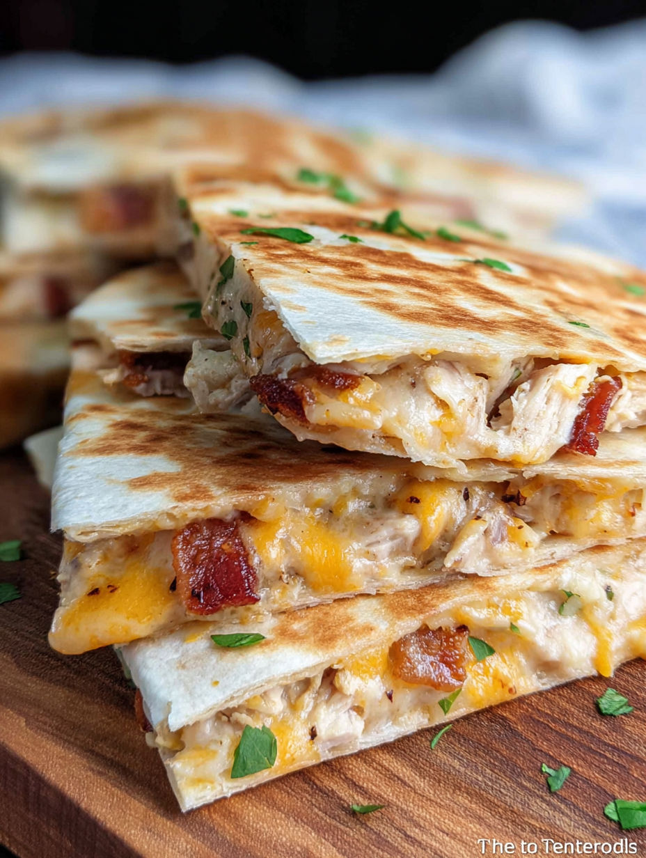 Chicken Bacon Ranch Quesadillas stacked on a wooden table.