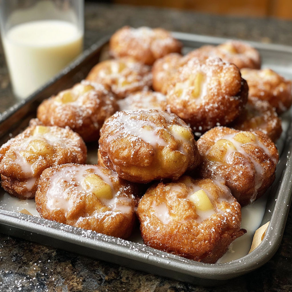 A pan of warm baked apple fritters.