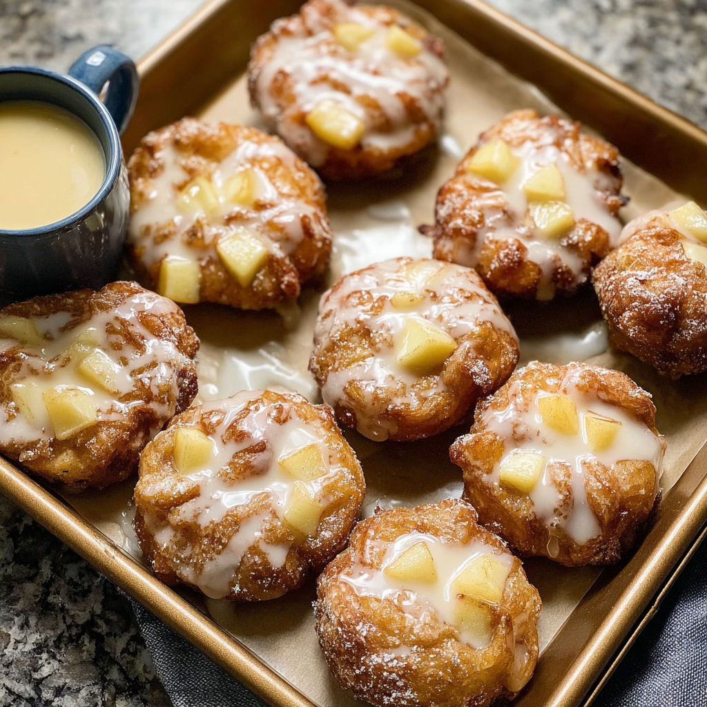 A plate of warm baked apple fritters.