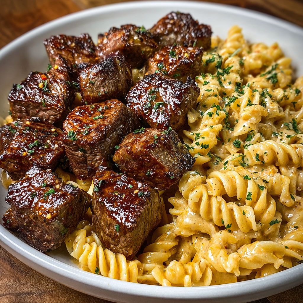 A plate of food with garlic butter steak bites and spicy cajun alfredo twisted pasta.