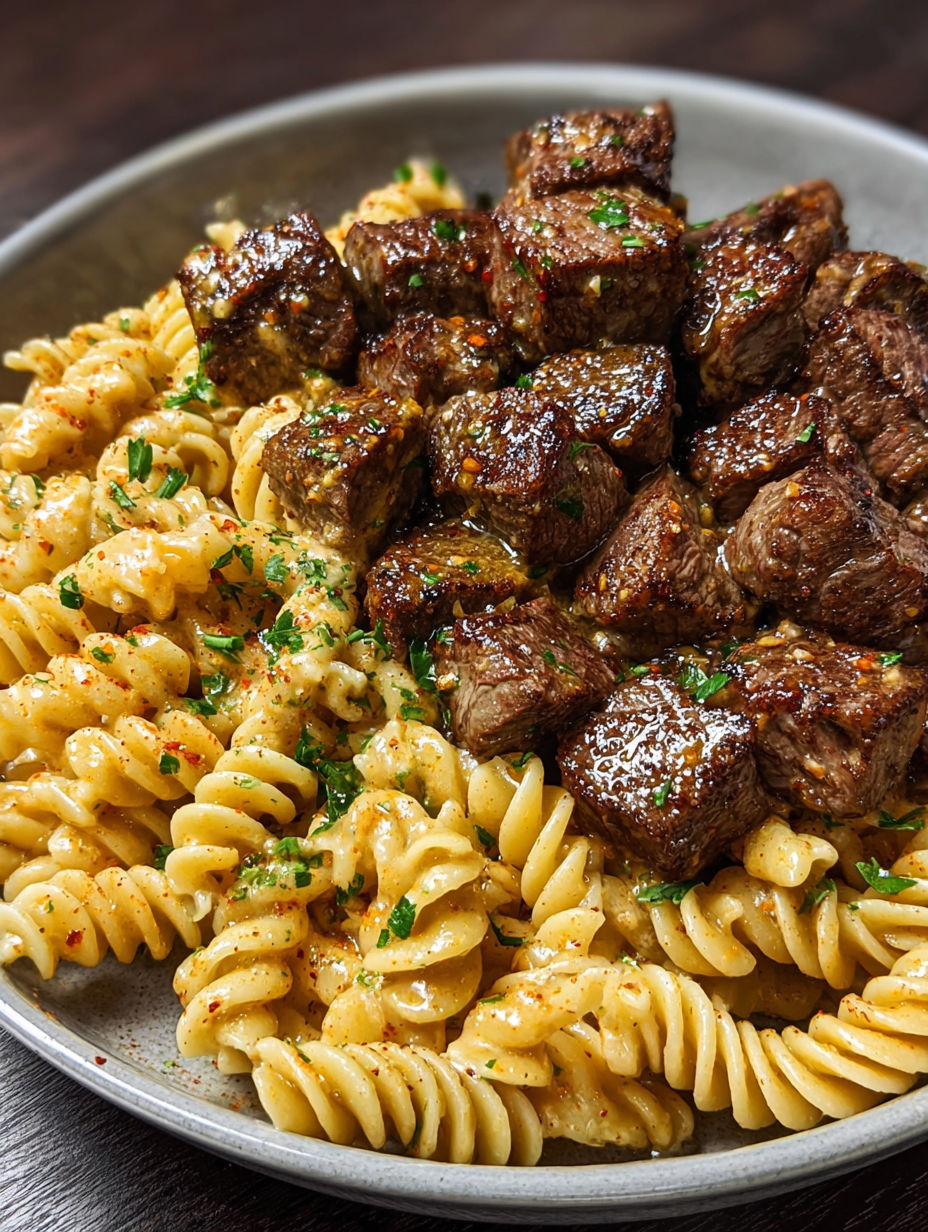 A plate of pasta with meat on top.