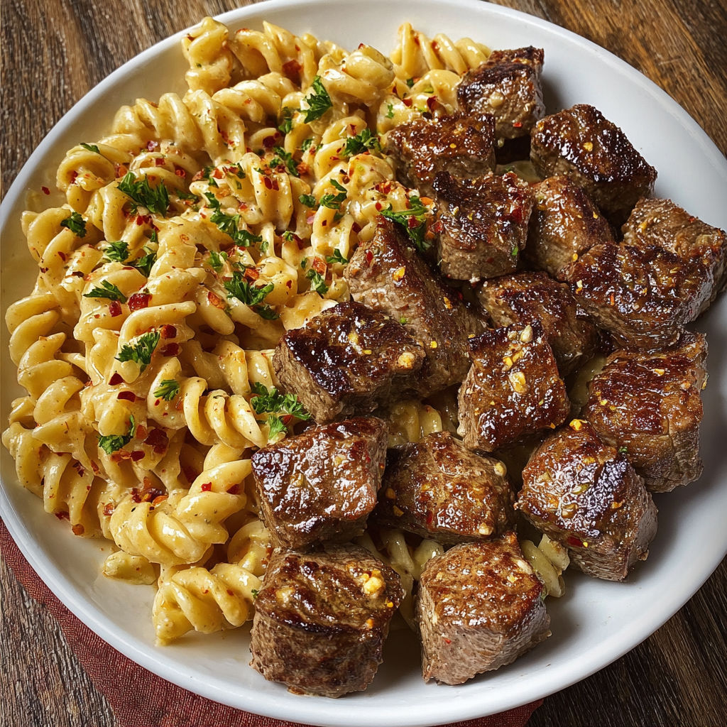 A plate of food with garlic butter steak bites and spicy cajun alfredo twisted pasta.