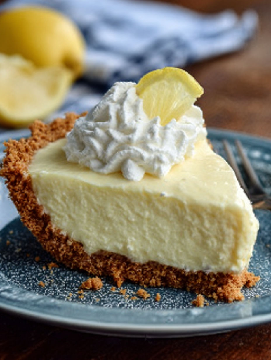 A slice of cream cheese lemonade pie with a dollop of whipped cream on top.