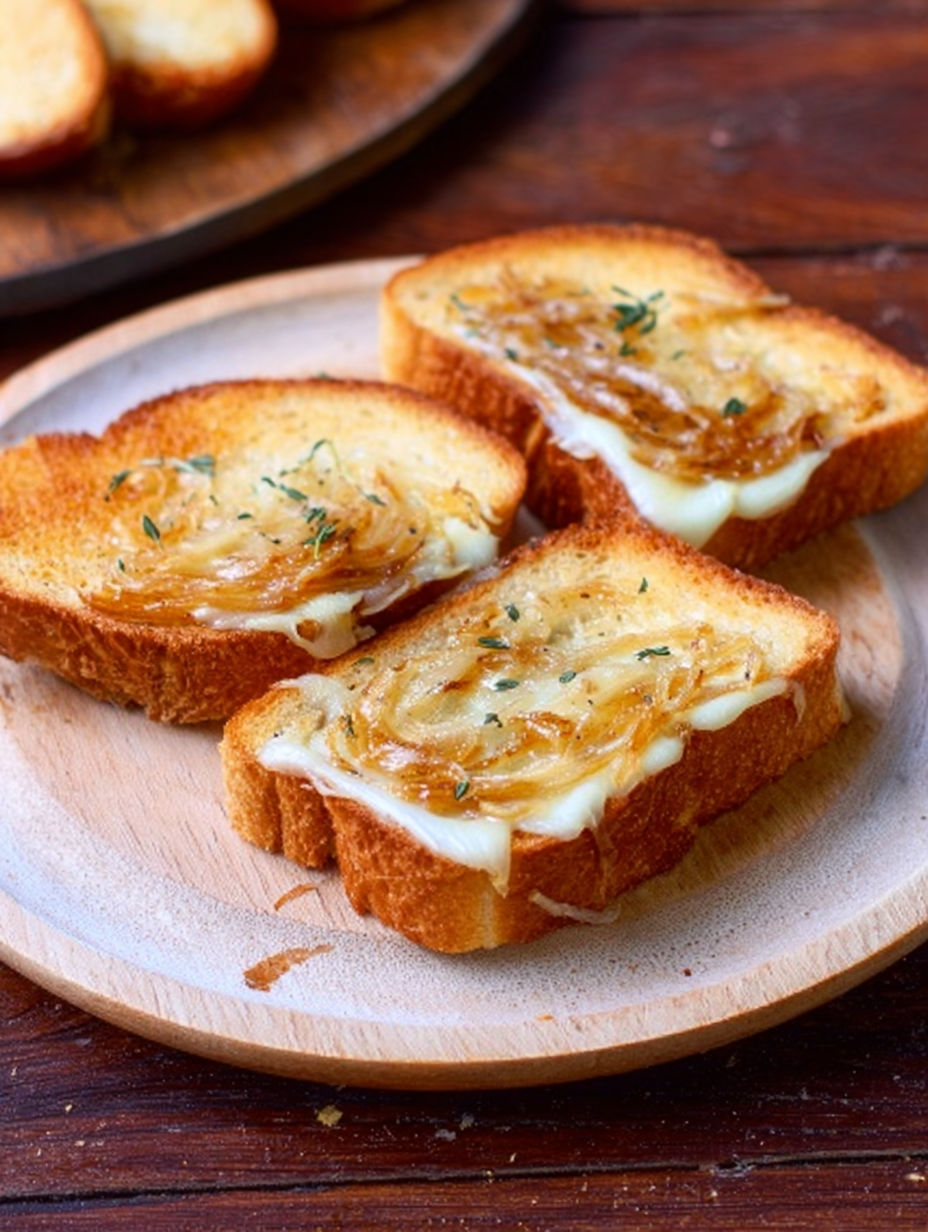 A slice of toast with cheese and onions.
