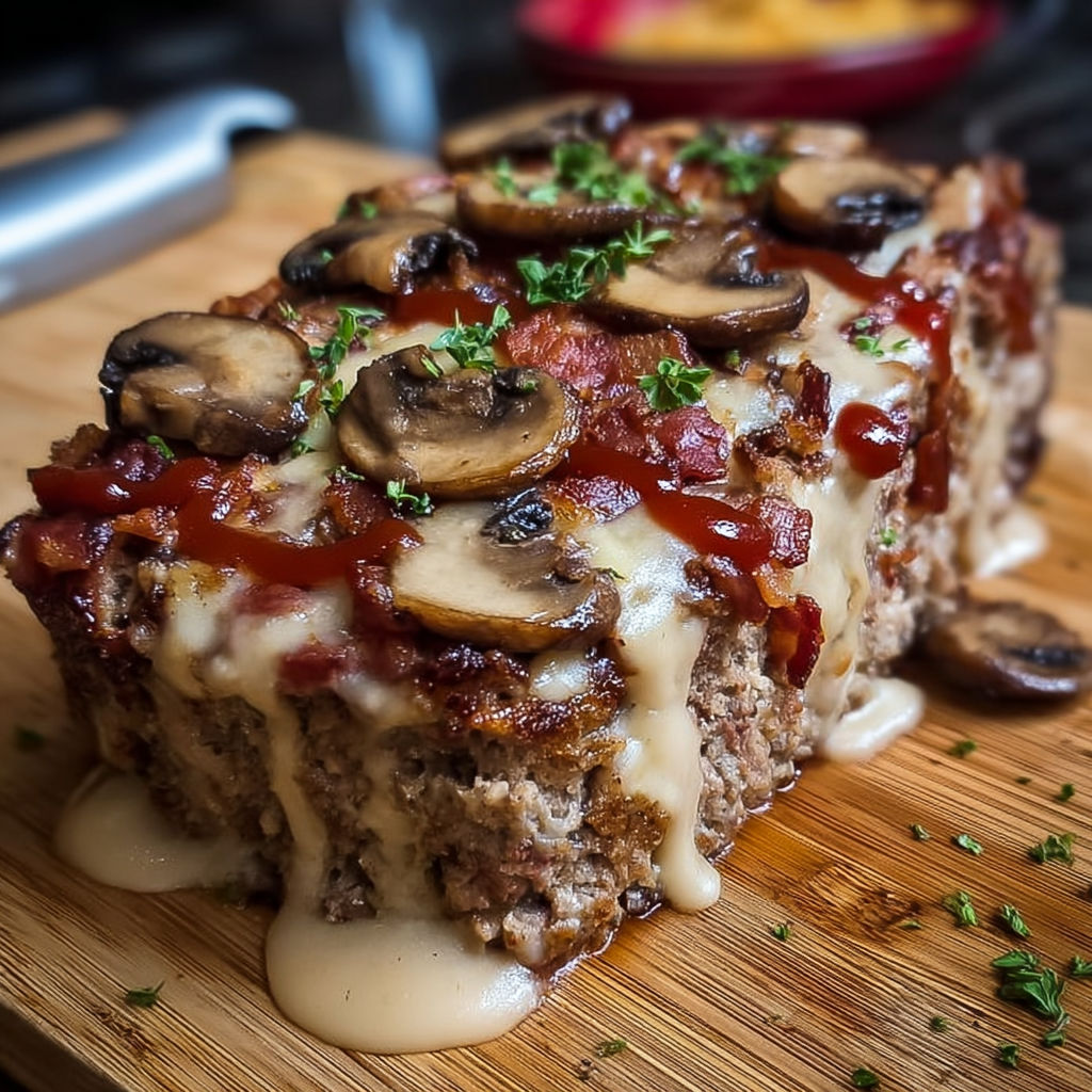 A slice of meatloaf with mushrooms and bacon.