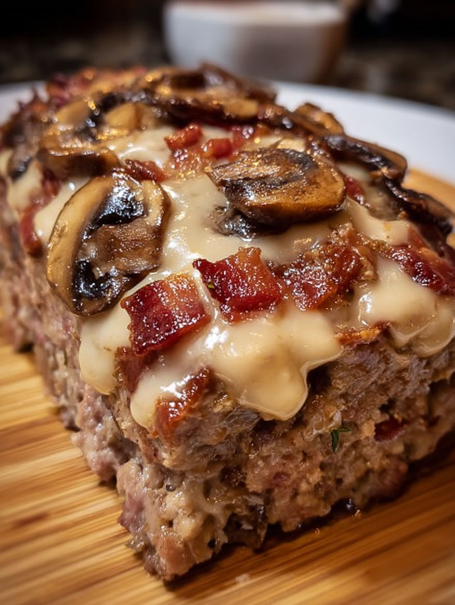 A close up of a meatloaf with mushrooms and bacon.