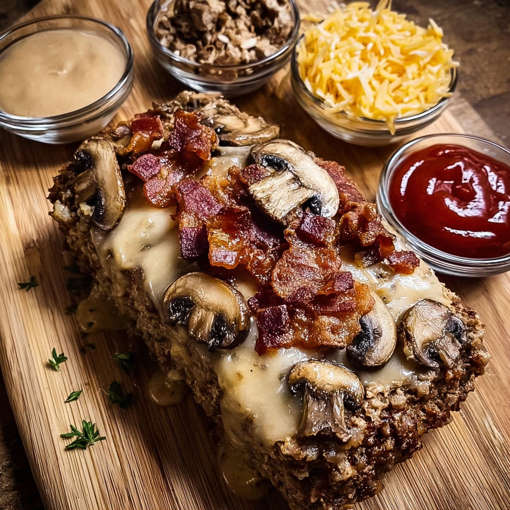 A close up of a meatloaf with mushrooms and bacon.