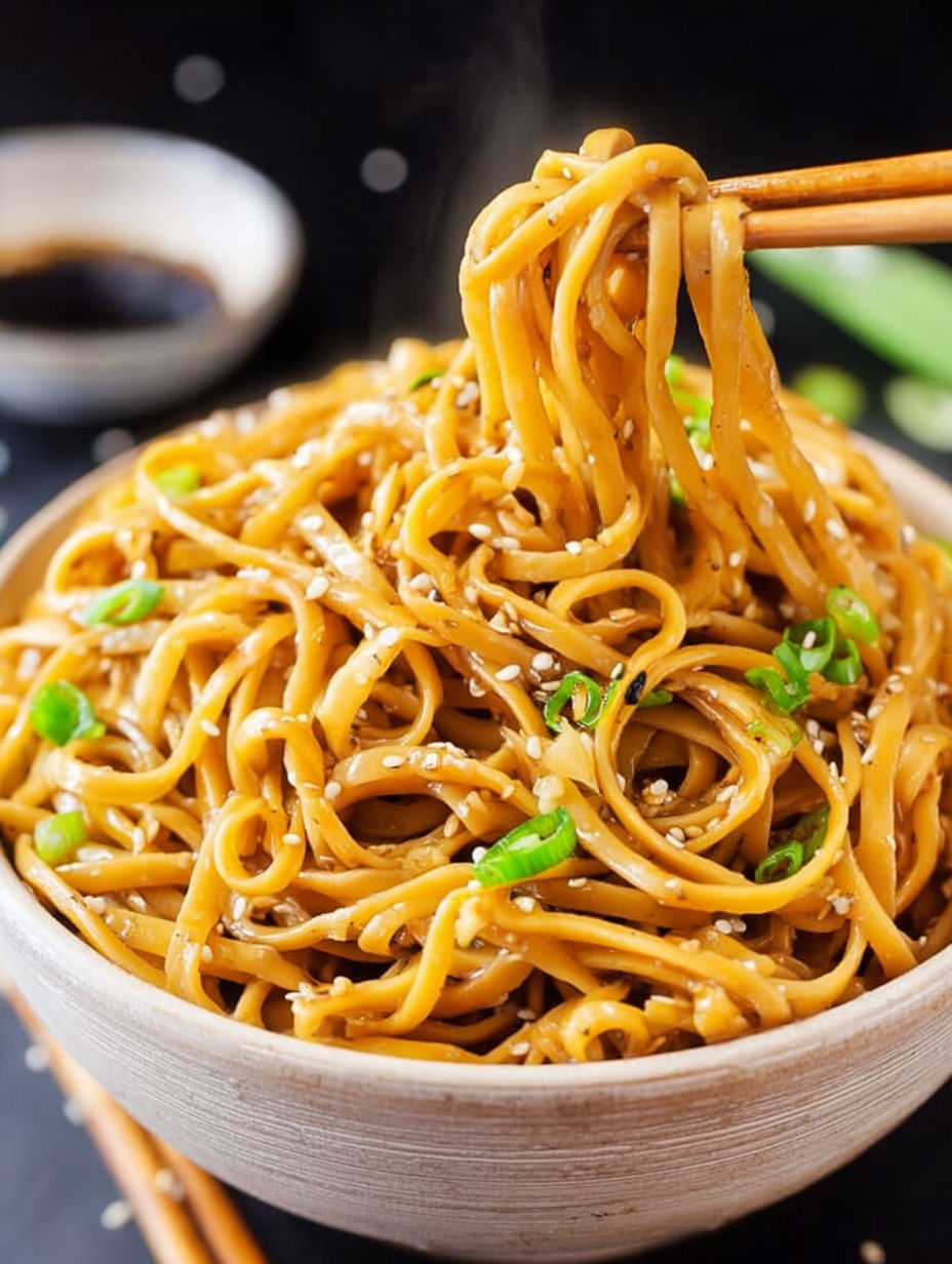 A bowl of noodles with a spoon in it.