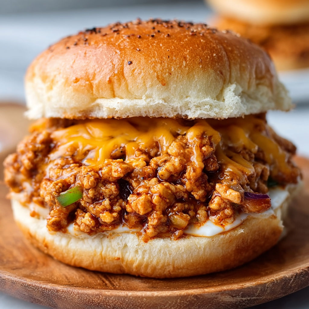 A Cajun Chicken Sloppy Joes sandwich on a wooden cutting board.