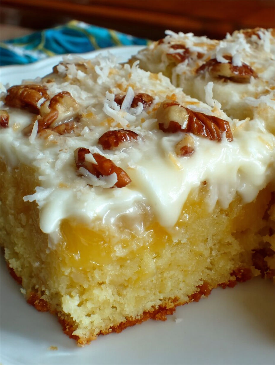 A slice of pineapple cake with walnuts.