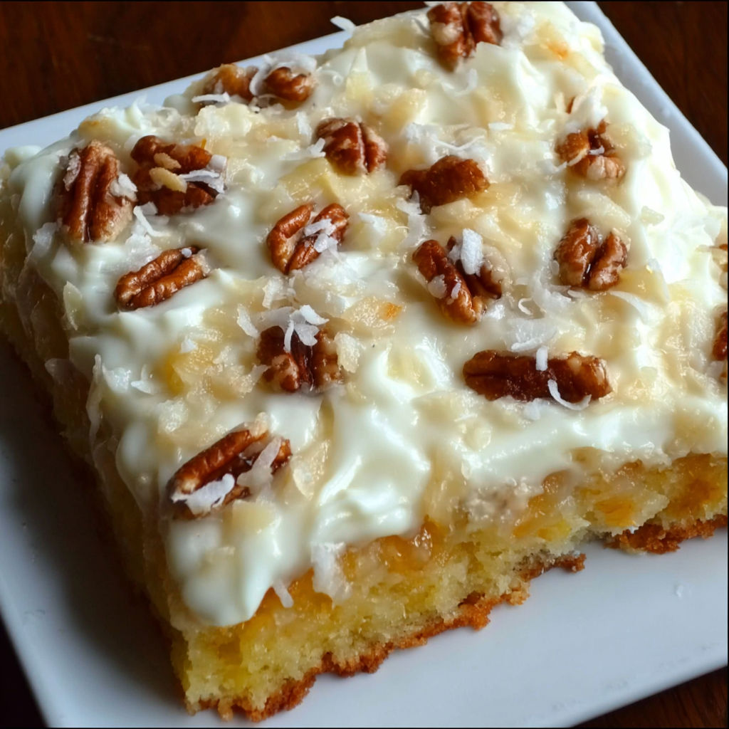 A slice of pineapple cake with white frosting.