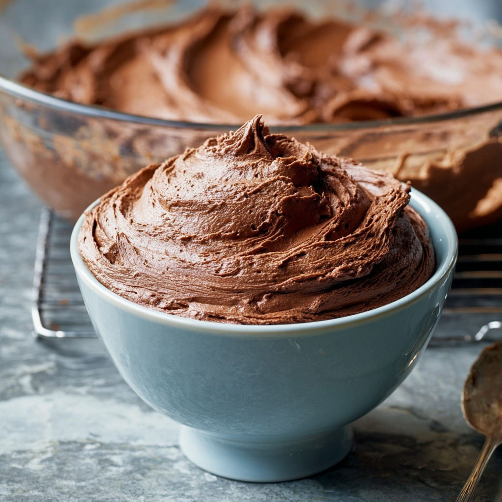 A bowl of chocolate buttercream frosting.