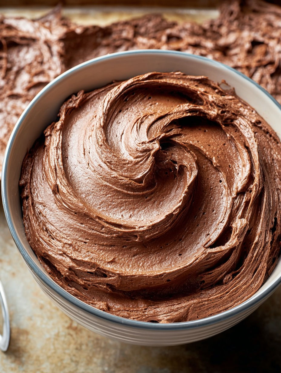 A bowl of chocolate buttercream frosting.