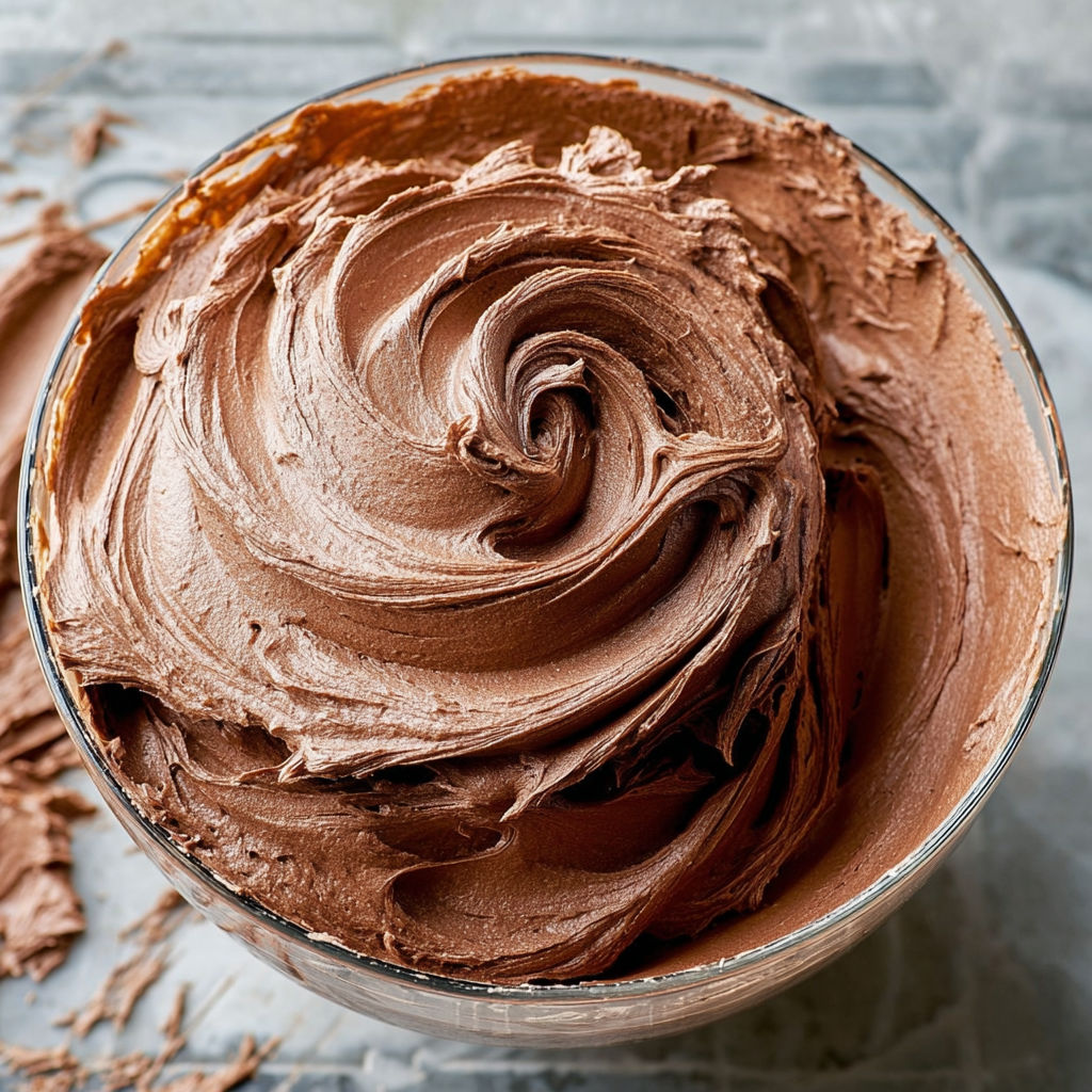 A bowl of chocolate buttercream frosting.