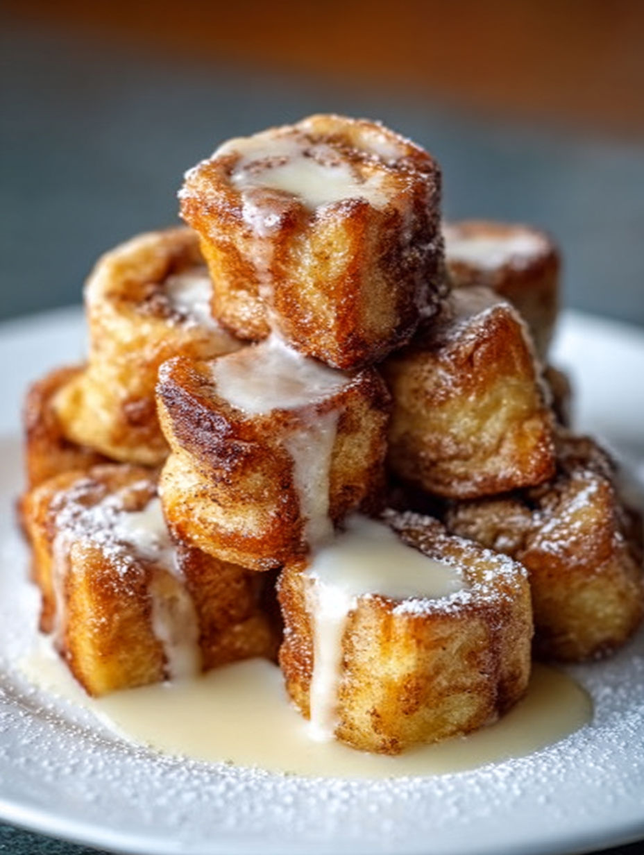 A stack of cinnamon roll french toast bites.