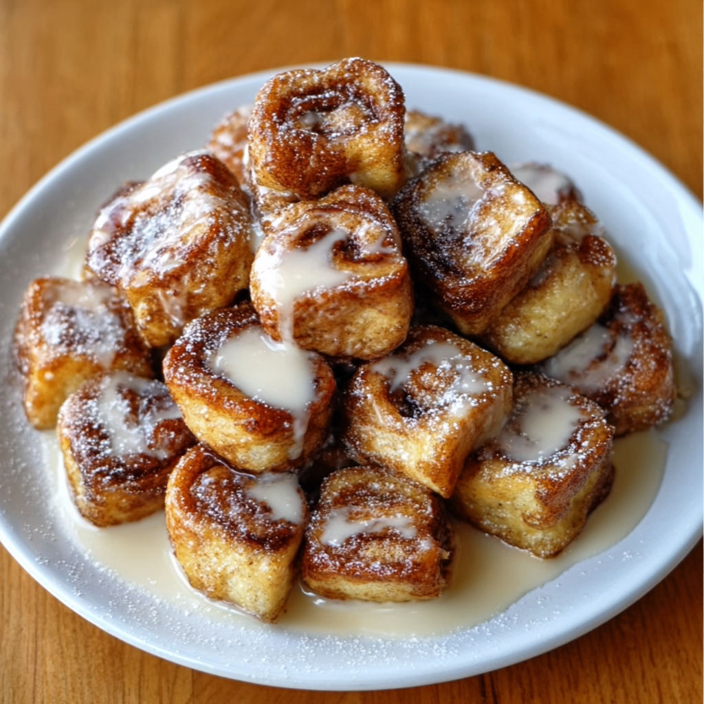 A plate of cinnamon roll french toast bites.