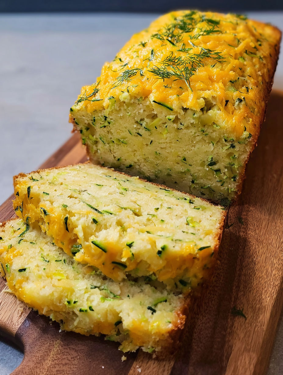 A slice of cheddar, chive and zucchini quick bread.