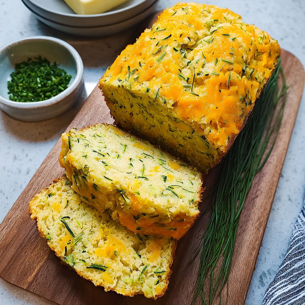 A loaf of bread with chives and cheddar cheese.