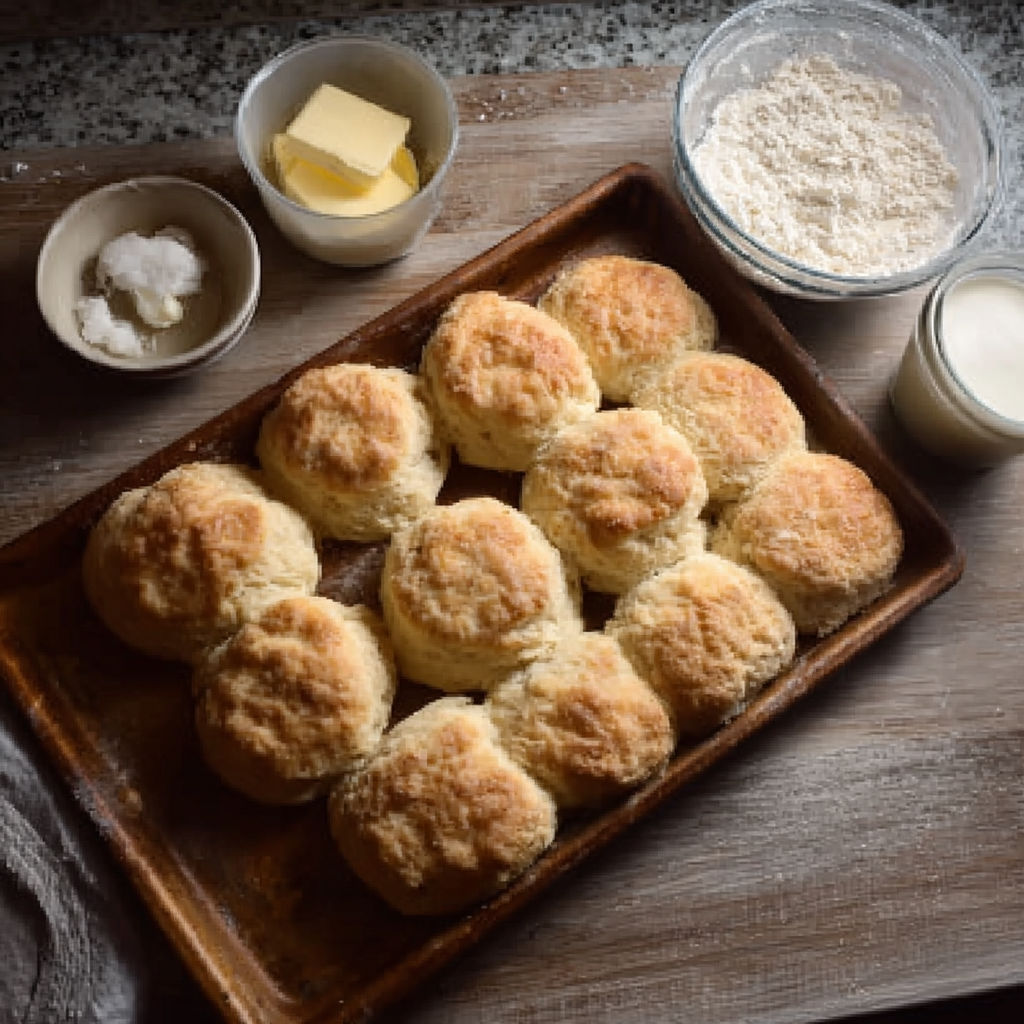 A pan of biscuits with butter and flour.