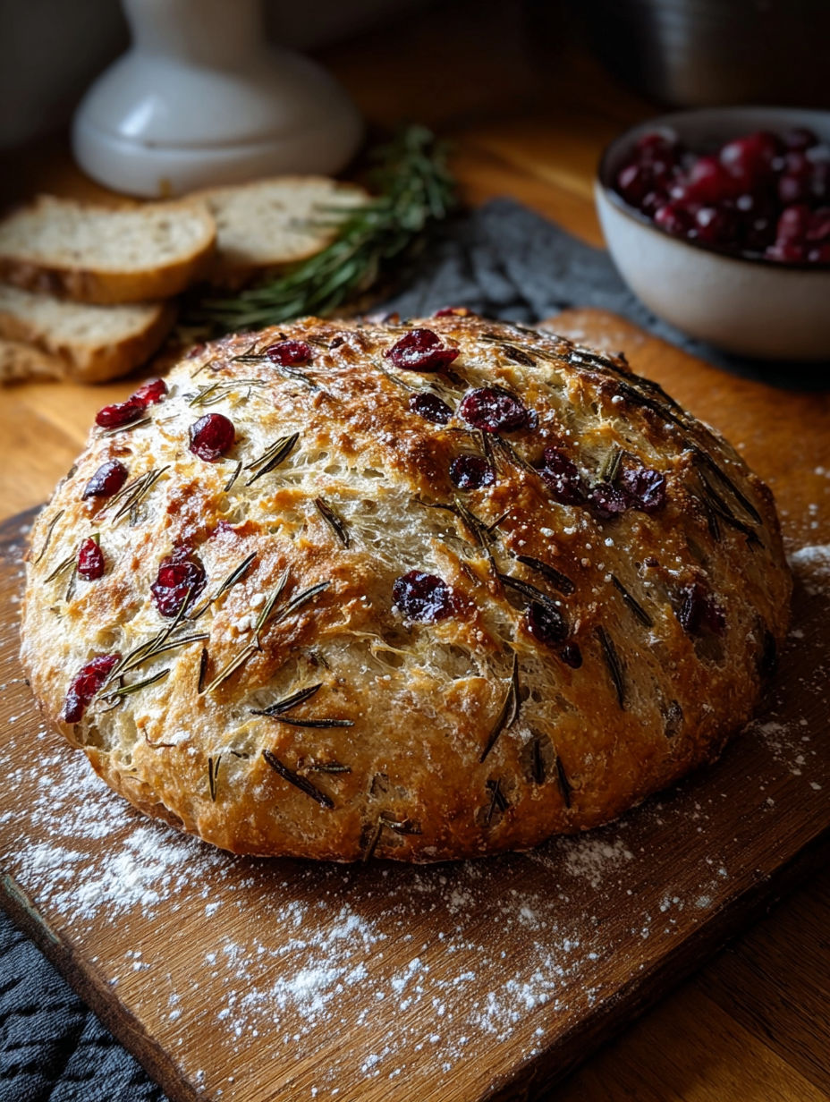 A loaf of bread with rosemary and cranberries.