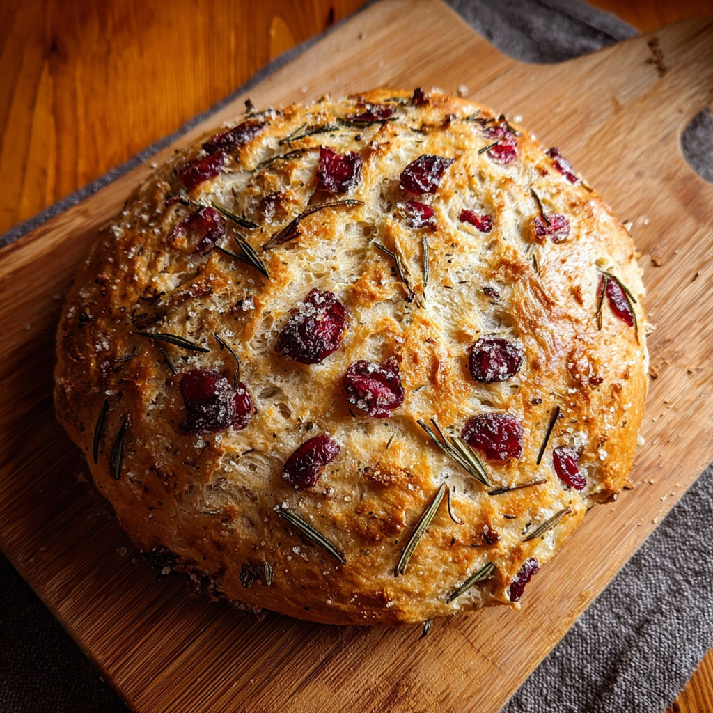 A loaf of bread with rosemary and cranberries.