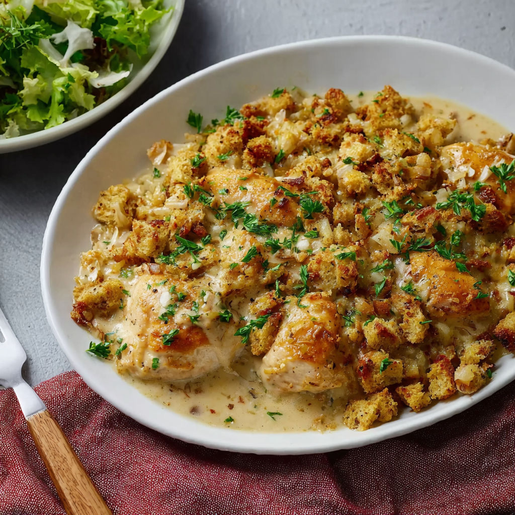 A creamy chicken stuffing bake with a side of salad.