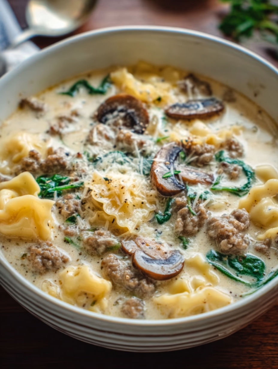 A bowl of creamy alfredo lasagna soup.