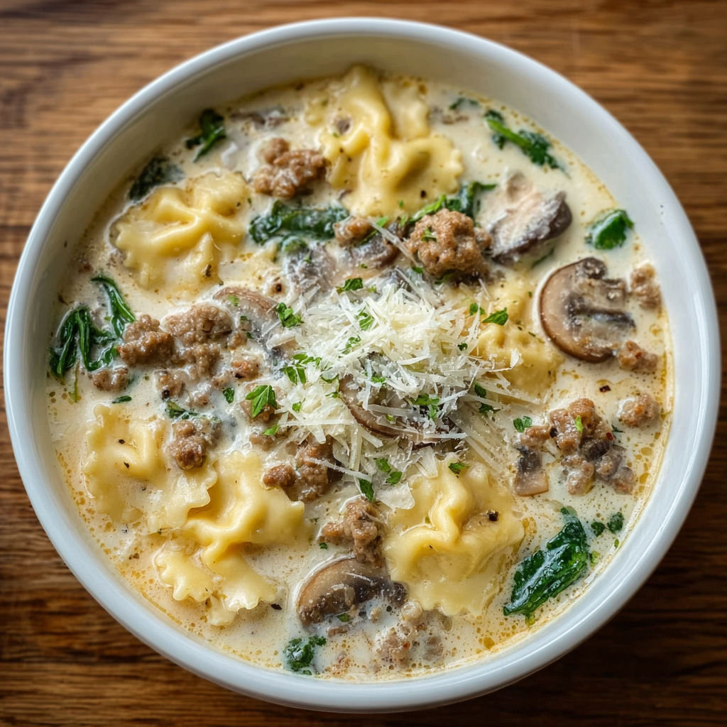 A bowl of creamy alfredo lasagna soup.