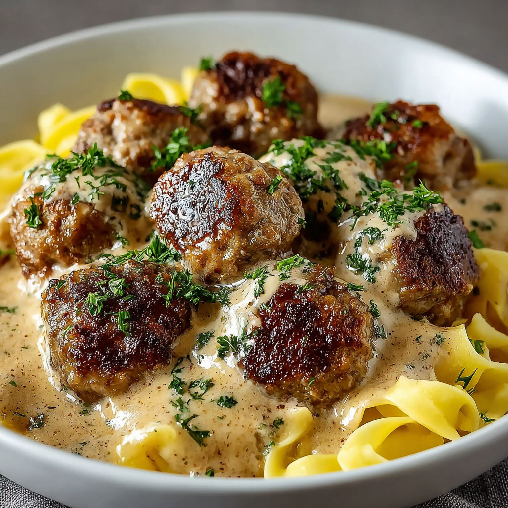 A bowl of Swedish meatballs with noodles.