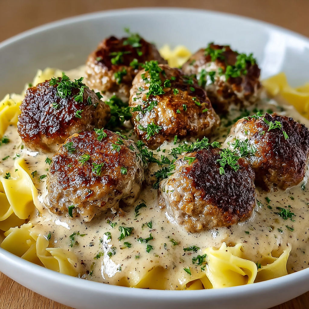 A bowl of Swedish meatballs with pasta.