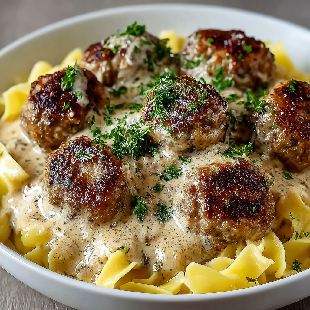 A bowl of Swedish meatballs with noodles.