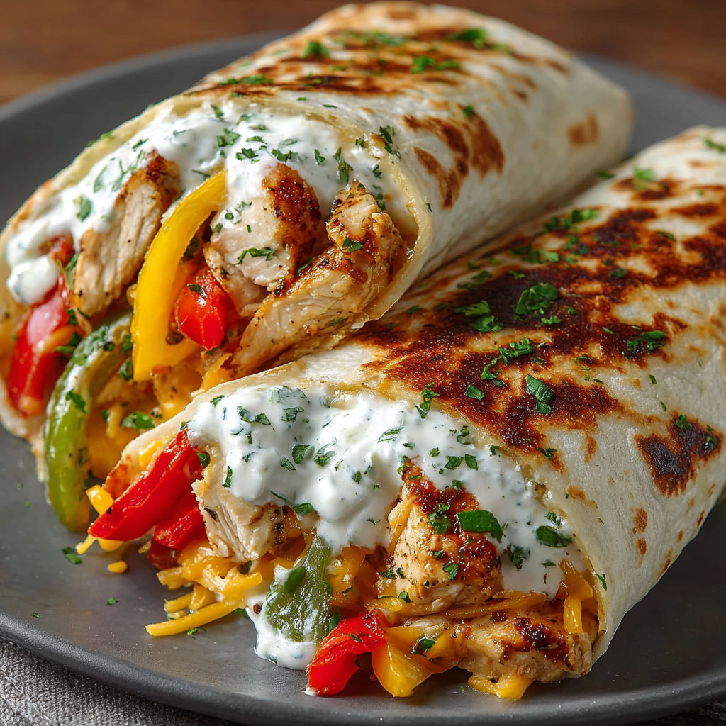 A chicken burrito with white sauce.