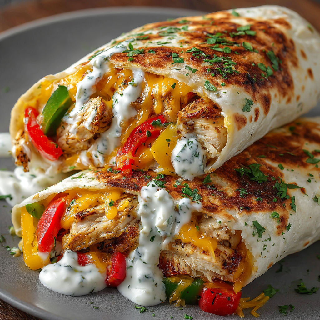 A chicken burrito with white sauce.