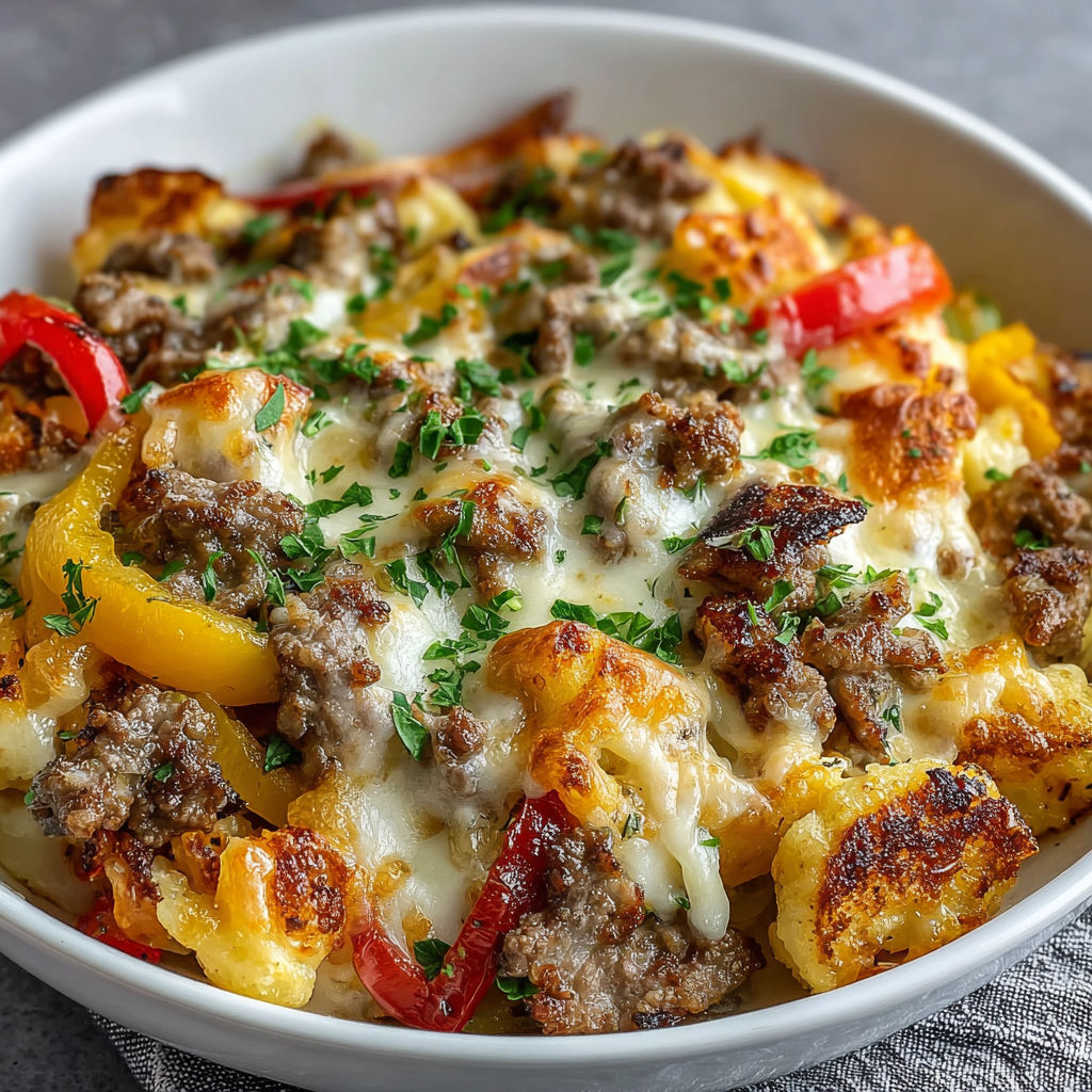 A bowl of Philly cheese steak.