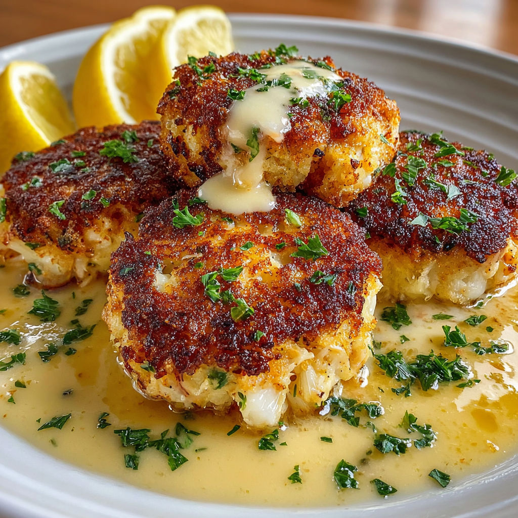 Crab cakes with sauce and lemon wedges.