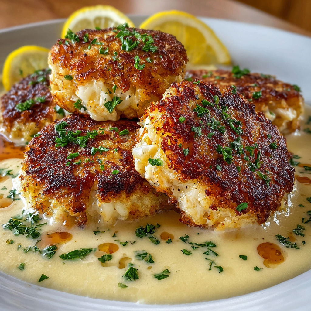A plate of crab cakes with lemon wedges on top.