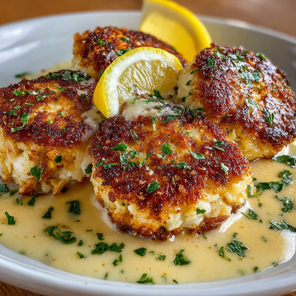 A plate of crab cakes with lemon wedges on top.